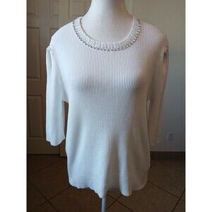 NANETTE‎ Nanette Lepore Jewelneck White Ribbed Elbow Sleeve Sweater Large